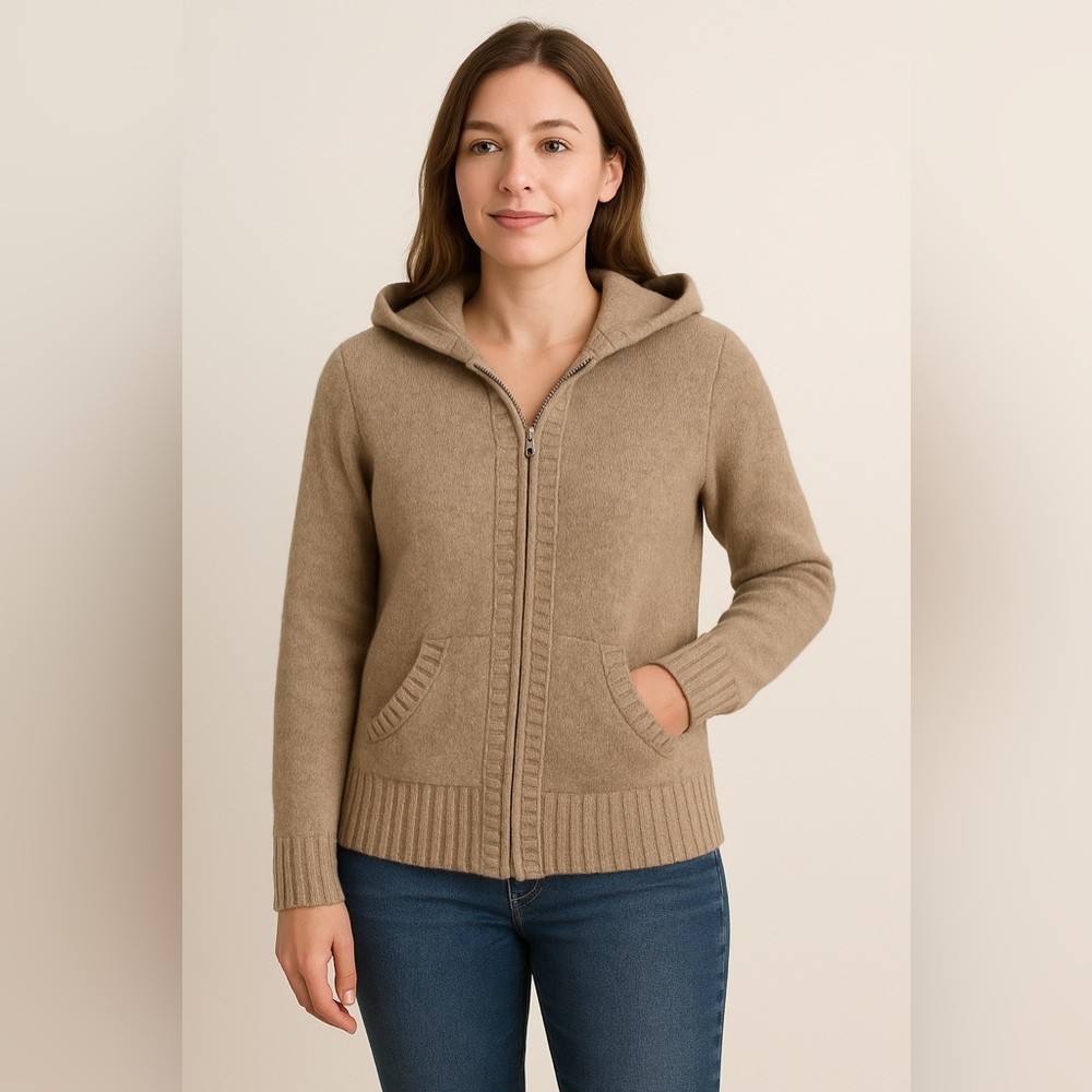 🧥 Natural Reflections Lambswool Zip Hoodie 🤎‎ Cozy Tan Knit Sweater ✨